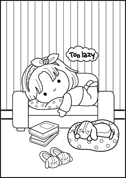 a coloring pages of a girl relaxing in the sofa