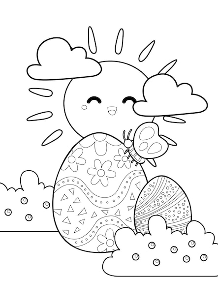 Coloring Pages for Kids A4 page Easter Eggs with Sun Theme