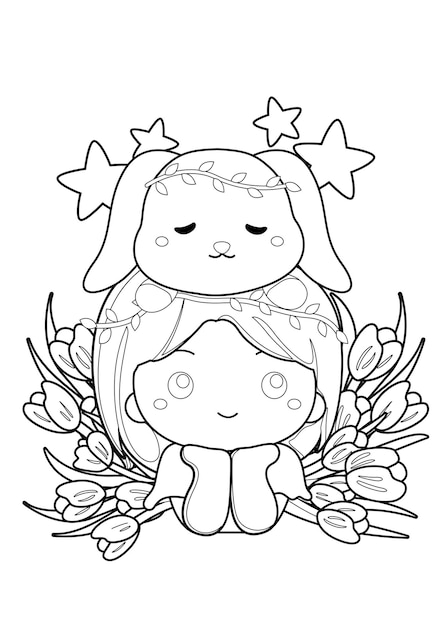 Premium Vector  Coloring pages for kids a4 page girl rabbit and flowers  theme