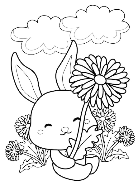 Vector coloring pages for kids a4 page girl rabbit and flowers theme