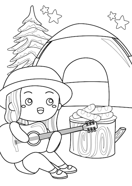 Vector coloring pages for kids a4 page summer camp camping theme