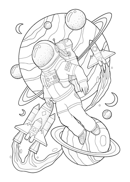 Coloring pages for kids of astronauts in outer space