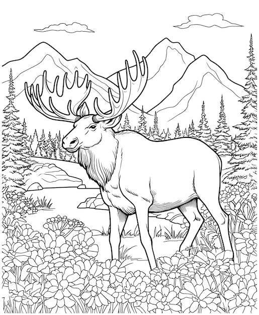 Vector coloring pages for kids moose on flowers