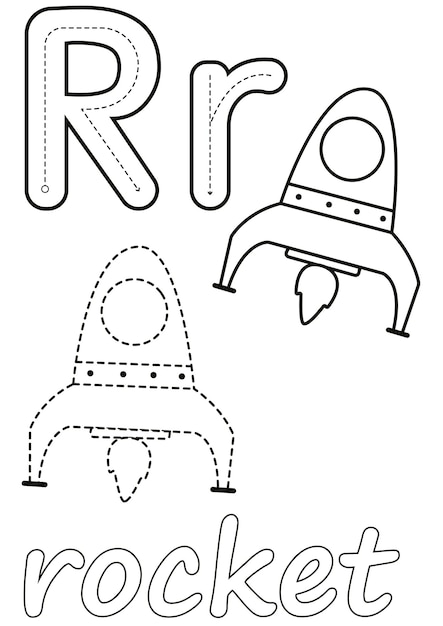 ロケットと文字 R のぬりえページ。子供の塗り絵での使用に適しています。