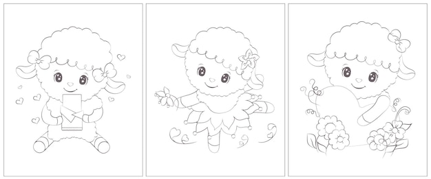 Coloring pages of sheep. Set of three pages for a coloring book.