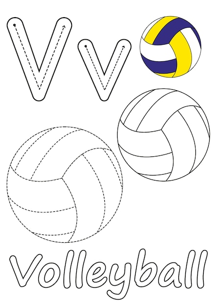 Coloring pages of volleyball and the letter V Suitable for use in children's coloring books