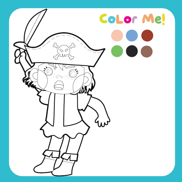 Coloring pirate worksheet for children. Educational printable worksheet. Cute pirate illustration.