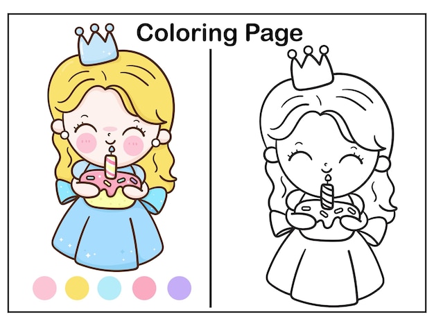 Coloring princess holding birthday cake work sheet