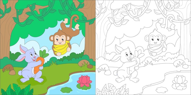 coloring rabbit and monkey