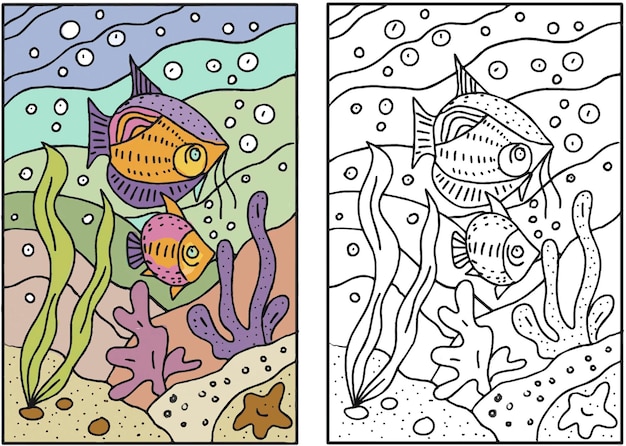 Mare da colorare per bambini antistress pesce alghe ciottoli onde bianco e nero disegnato a mano