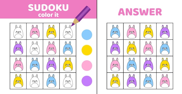 ウサギと数独を着色子供のための数独ウサギ ゲーム スクシュマロ漫画フラット ベクトル eps 10
