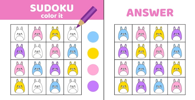 Coloring sudoku with hares Sudoku Hare Game for children Squishmallow Cartoon flat vector eps 10