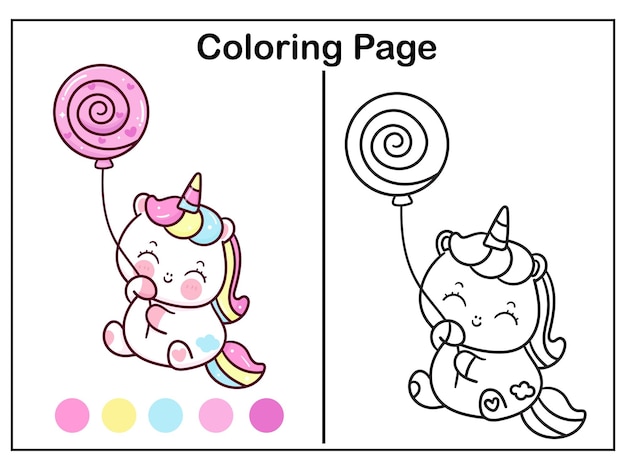 Foglio di lavoro kawaii da colorare con unicorno e caramelle