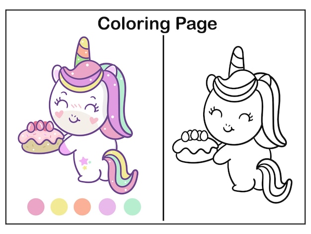 Coloring unicorn cartoon and birthday cake worksheet illustration