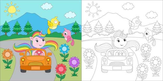 Coloring unicorn riding a car