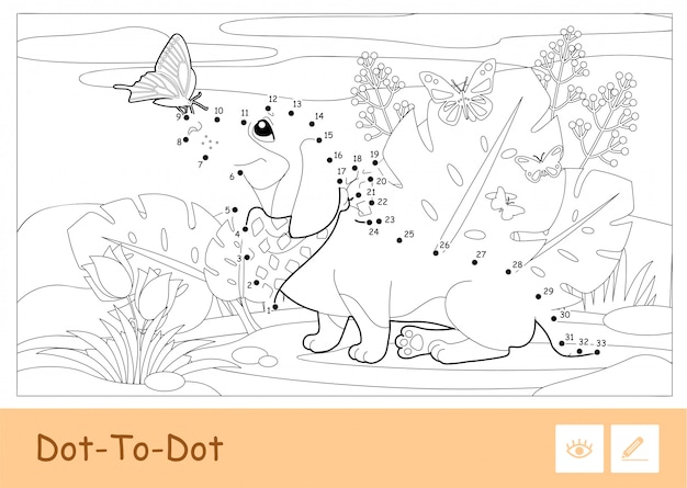 Colorless  contour dot-to-dot image of a dog playing with butterflies on a meadow isolated on white background. pets-related preschool kids coloring book illustrations and developmental activity