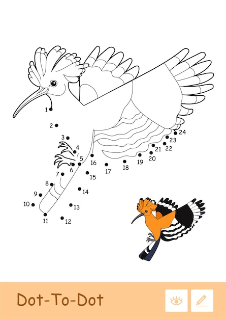 Colorless contour dottodot image and colorful example of a hoopoe for preschool kids