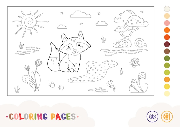 Colorless contour image of a fox sitting near the forest stream wild animals preschool kids colorin