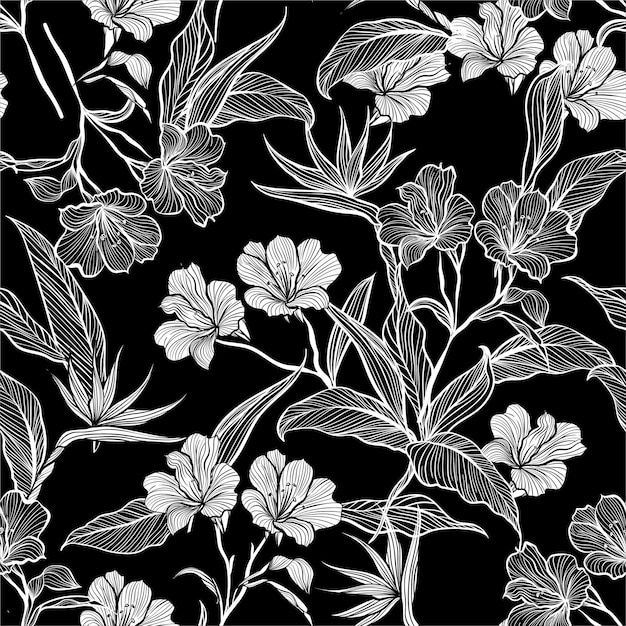 Colorless Hand Drawn Flowers And Leaves Pattern