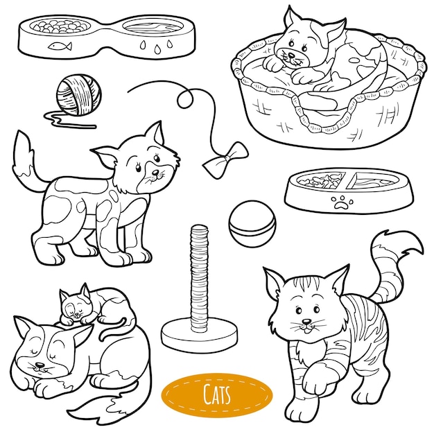 Colorless set of cute domestic animals and objects vector family cats