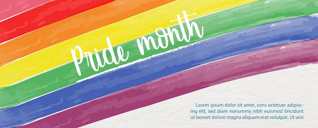 Colors bar of Pride flag in watercolors with Pride month wording example texts on white background