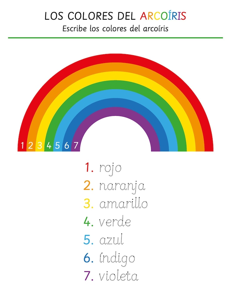 वेक्टर colors of the rainbow in spanish worksheet, writing practice, handwriting, learn spanish vocabulary