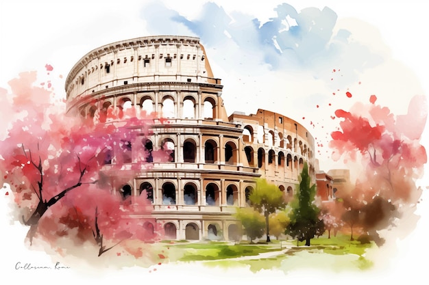 Vector the colosseum illustration in rome surrounded by pink blooming trees in spring