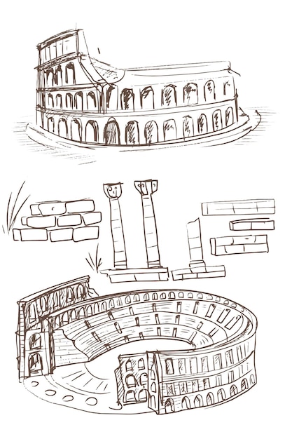Vector colosseum romeinse architectuur oudheid historisch monument reizen bezienswaardigheden van italië met de hand getekend