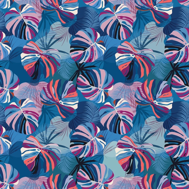 Colour tropical monstera and palm leaves seamless pattern