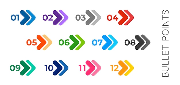 Colourful arrows set isolated on white. bullet points numbers from one to twelve.