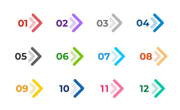 白で隔離されるカラフルな矢印セット 1 から 12 までの方向番号の箇条書き