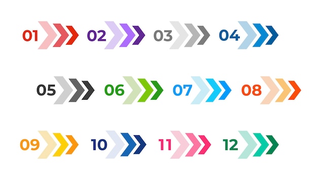 Vector colourful arrows set isolated on white. direction number bullet points from one to twelve.