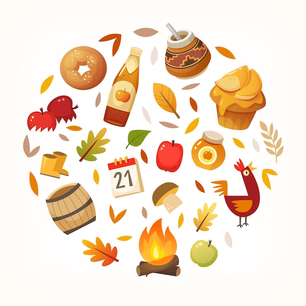 Красочные осенние элементы и еда расположены в круге векторные иллюстрации