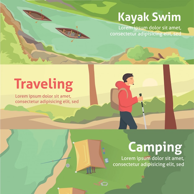 Colourful banner set for your business, web sites etc. best trips and camping, kayaking. isolated vector illustration.