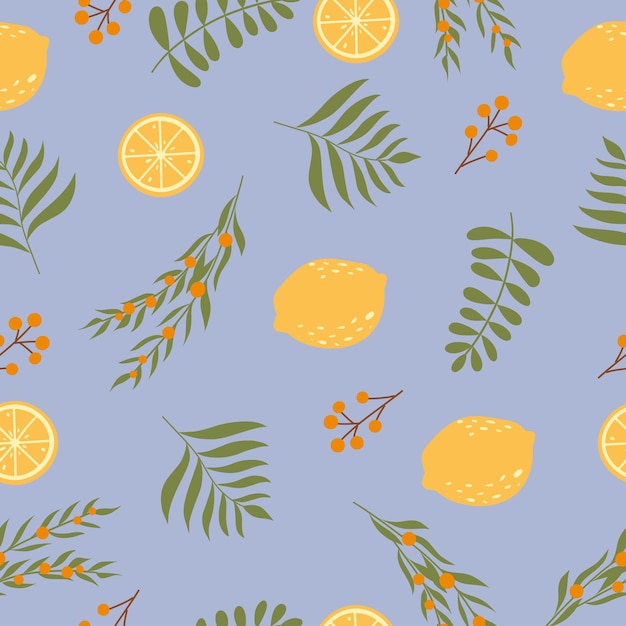 Colourful and bright seamless pattern with juicy lemons leaves and berries