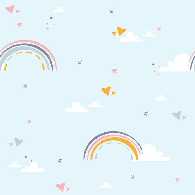 Vector colourful childish rainbow clouds and hearts seamless pattern for nursery kids room interiors