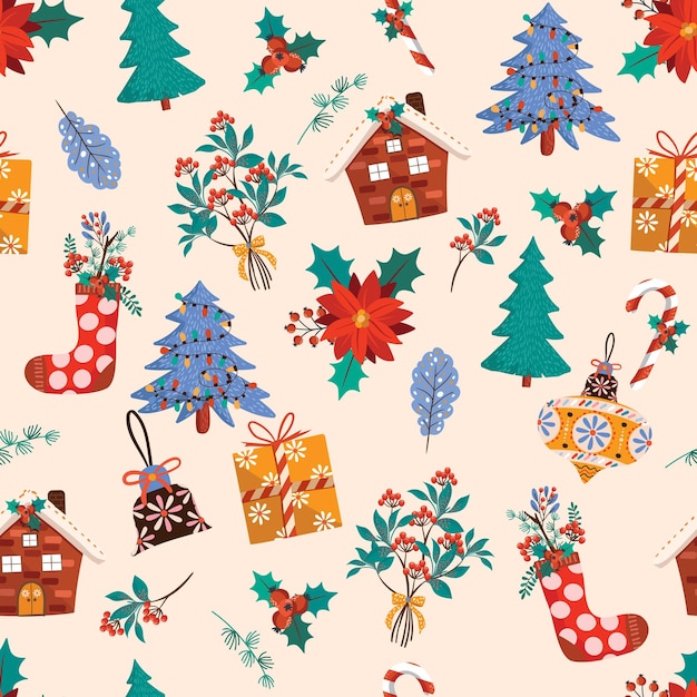 Vettore natale colorato e felice anno nuovo motivo senza cuciture con ornamento natalizio illustrazione vettoriale design per tessuti di moda, avvolgimento di carta da parati in tessuto e tutte le stampe