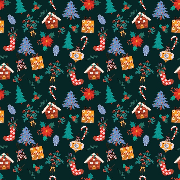 Colourful Christmas and Happy New Year seamless pattern with Christmas ornament Vector illustration Design for fashion fabric textile wallpaper wrapping and all prints