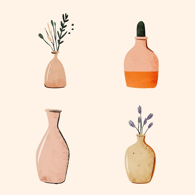 Vector colourful doodle flowers in vases illustrations