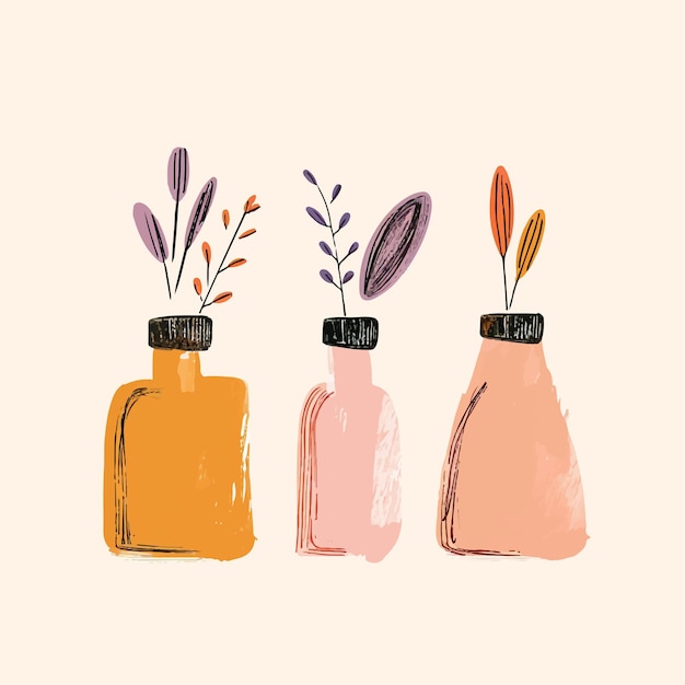 Colourful doodle flowers in vases illustrations