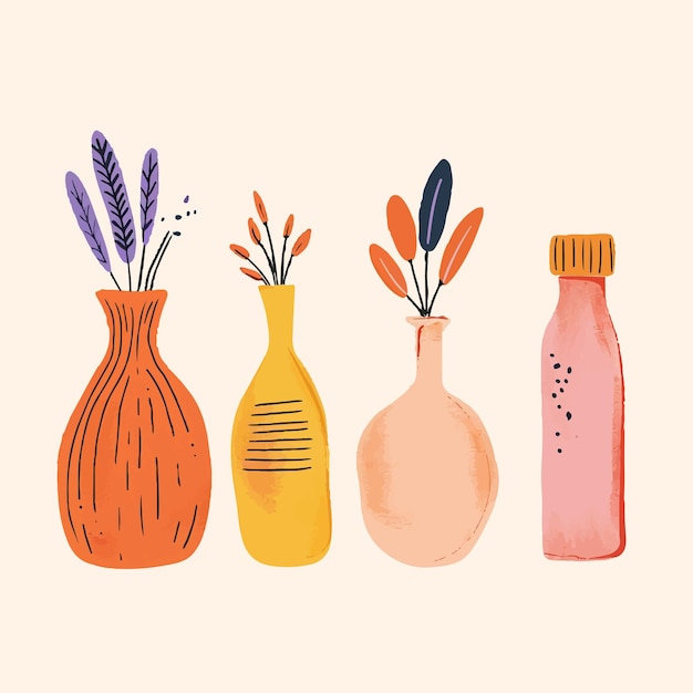 Vector colourful doodle flowers in vases illustrations