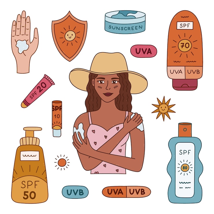 Vector colourful doodle set with hand drawn young girl applying sunblock lotion cream and spray with spf