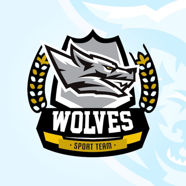 Красочная эмблема, логотип, наклейка, агрессивный волк, готовый атаковать ухмылку, рычащий хищник, векторная иллюстрация, печать в спортивном стиле на футболках