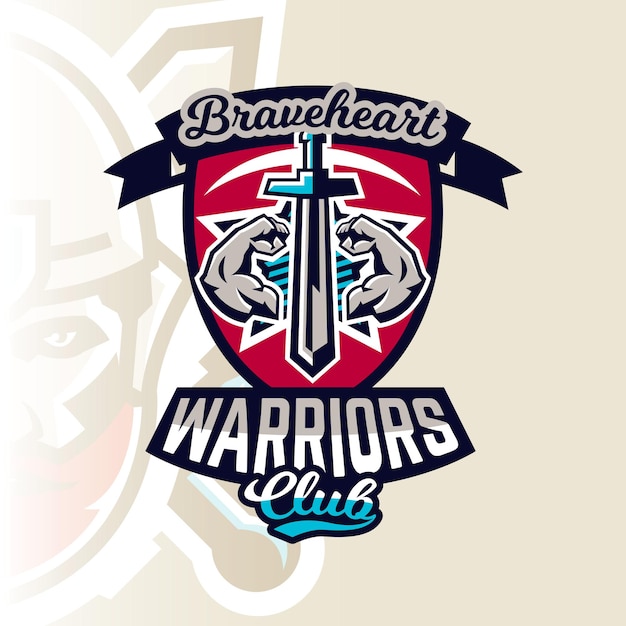 Красочная эмблема, логотип, наклейка, меч, воин, мускулистые руки, векторная иллюстрация, печать в спортивном стиле на футболках
