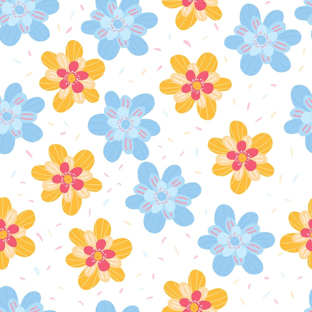 Colourful floral seamless pattern summer background of blue and yellow flowers