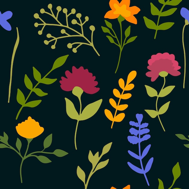 Colourful flower seamless pattern with collection of different wildflower foliage leaves and herbs