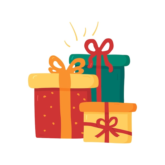 ベクトル リボン付きのカラフルなギフト ボックス、弓クリスマス誕生日新年シンボル漫画のスタイルで驚き