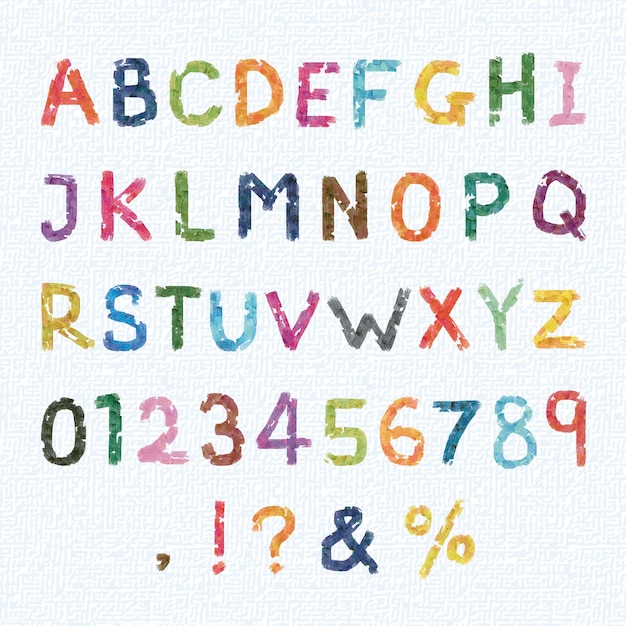 Vector colourful handwritten acrylic font paint brush stroke alphabet and number on canvas