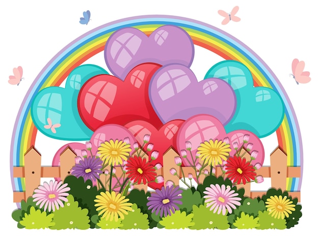 Vettore cuori colorati con recinzioni di fiori e arcobaleno