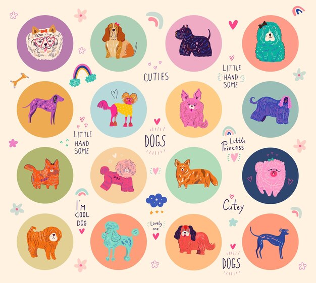 Vettore un'illustrazione colorata di cani e le parole cutie i'm dog